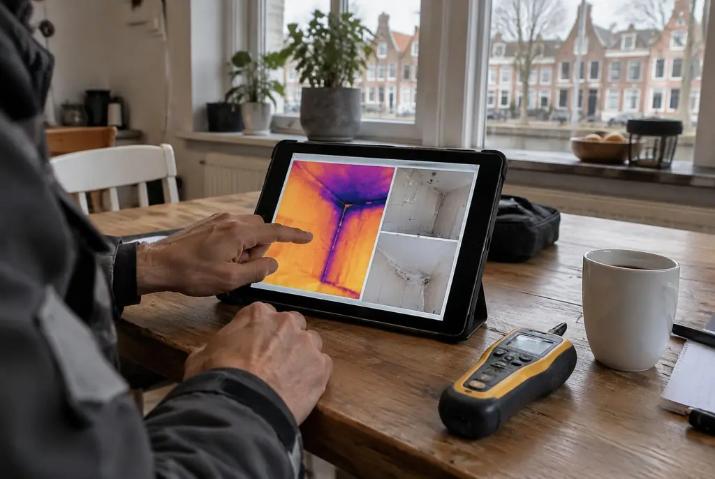 Lekdetectie Achterveld – lekdetectierapport met warmtebeelden en foto's op een tablet
