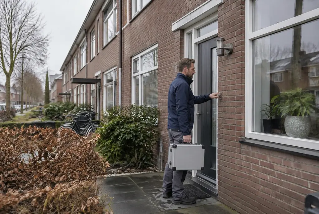 Lekdetectiespecialist met meetkoffer bij de voordeur van een woning in Achterveld